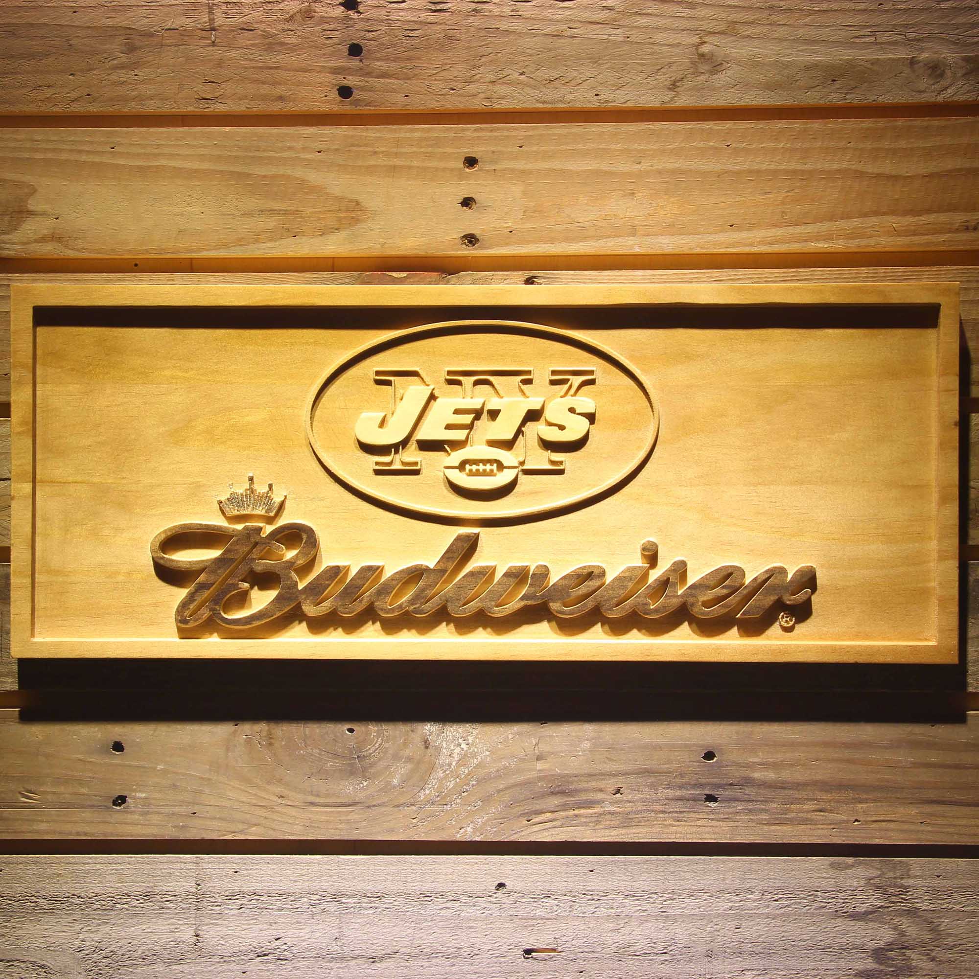 New York Jets Budweiser 3D Solid Wooden Craving Sign