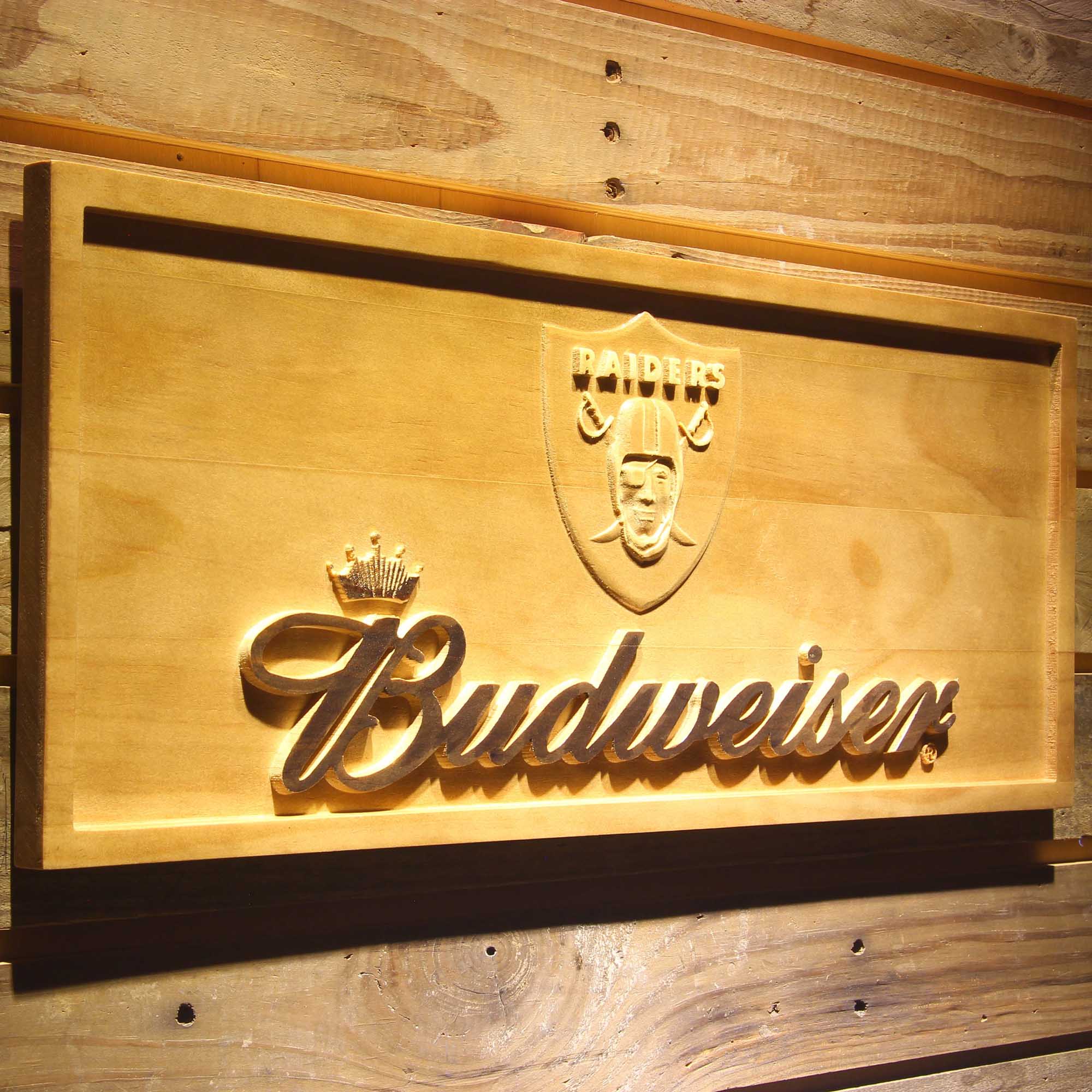 Oakland Raiders Budweiser 3D Solid Wooden Craving Sign