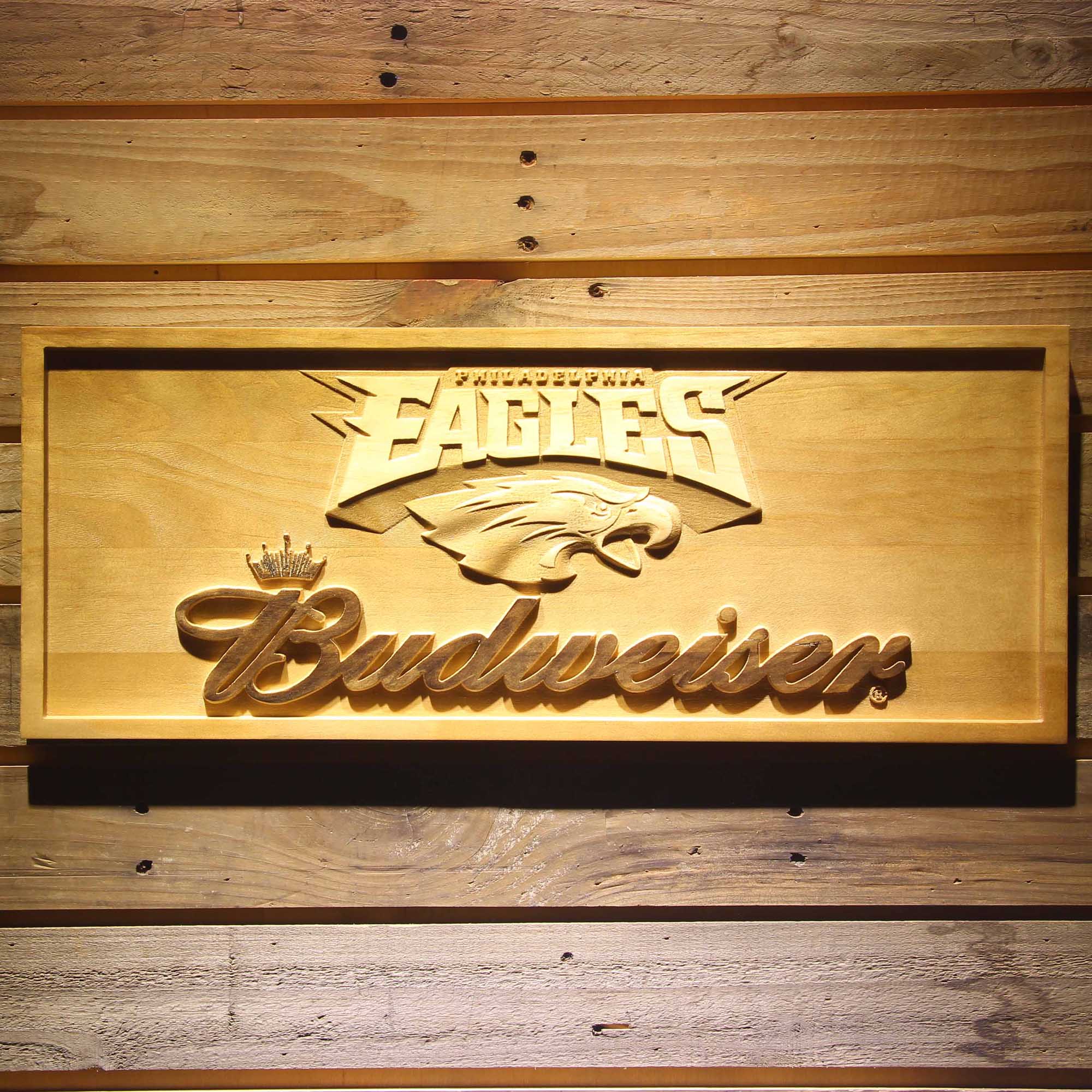 Philadelphia Eagles Budweiser 3D Solid Wooden Craving Sign