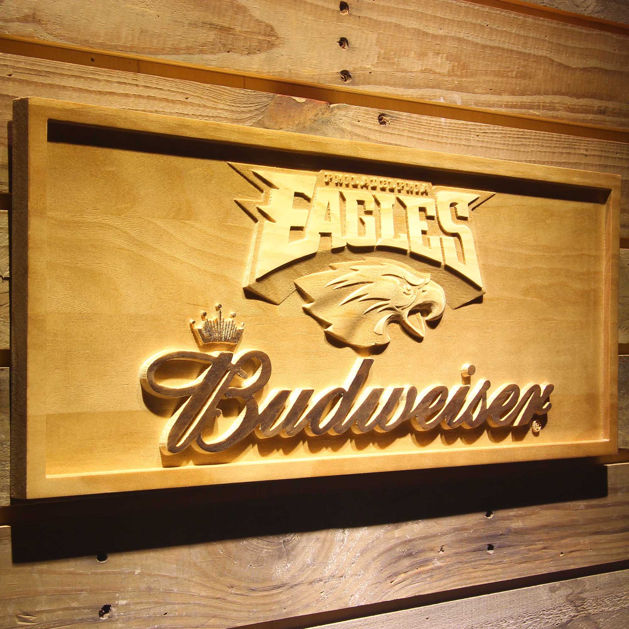 Philadelphia Eagles Budweiser 3D Solid Wooden Craving Sign