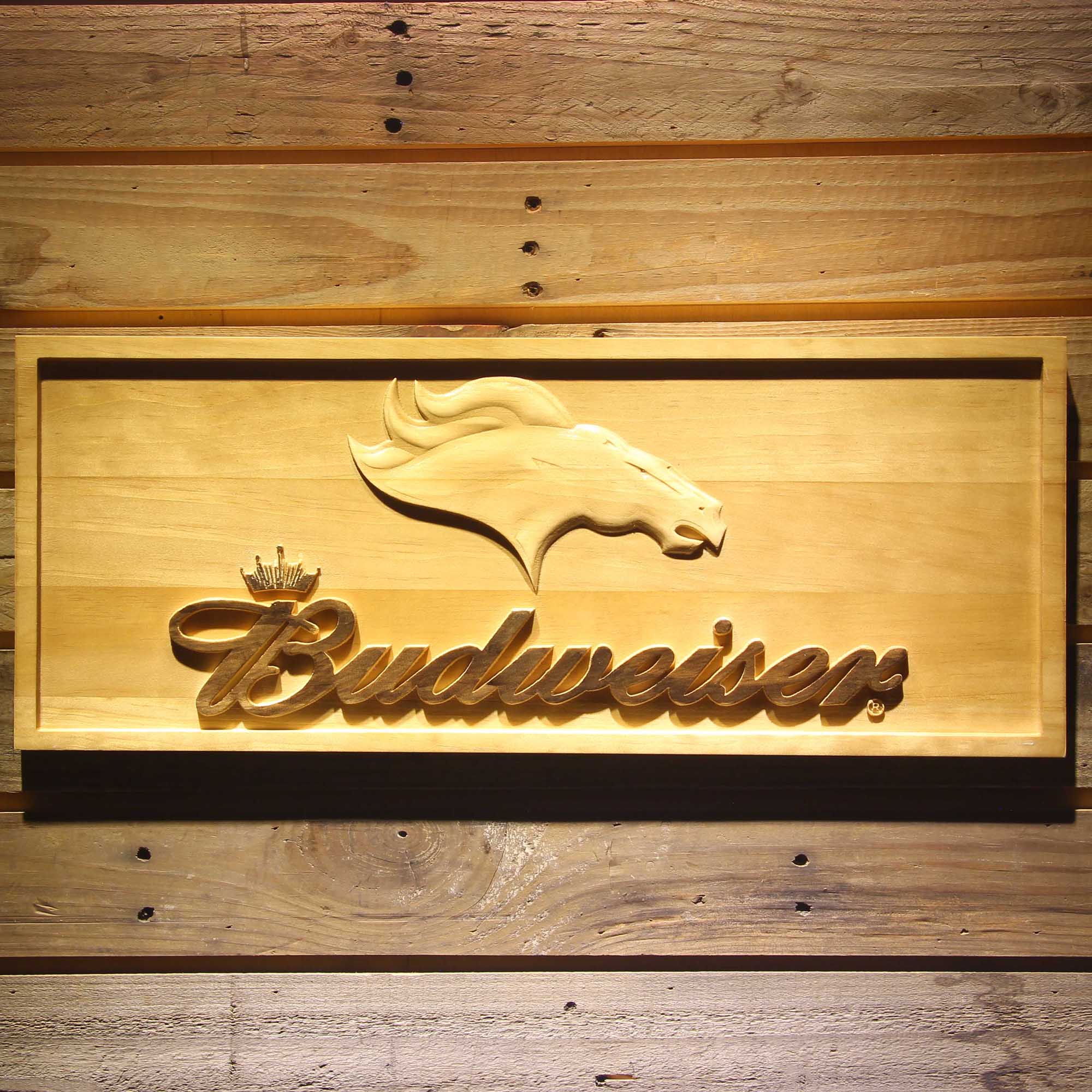 Denver Broncos Budweiser 3D Solid Wooden Craving Sign