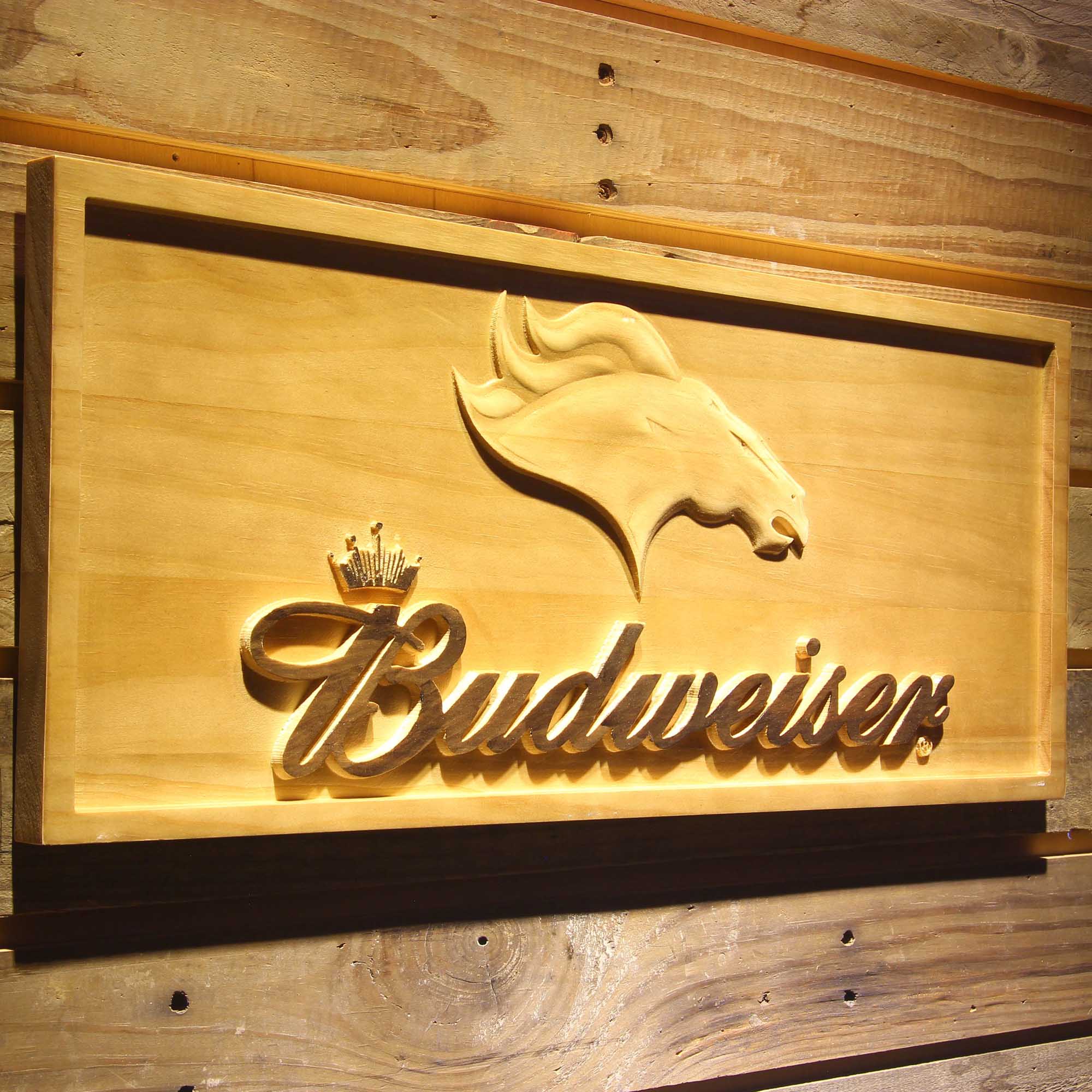 Denver Broncos Budweiser 3D Solid Wooden Craving Sign