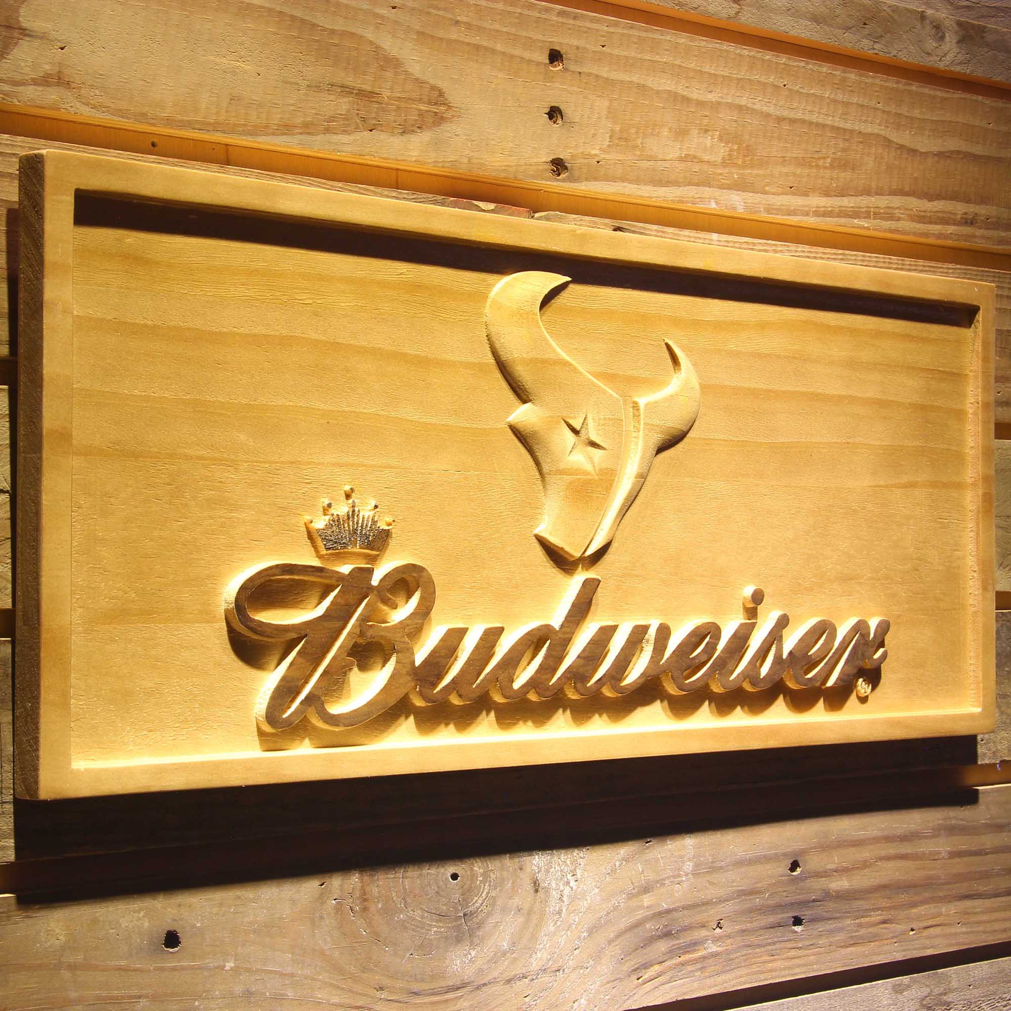 Houston Texans Budweiser 3D Solid Wooden Craving Sign