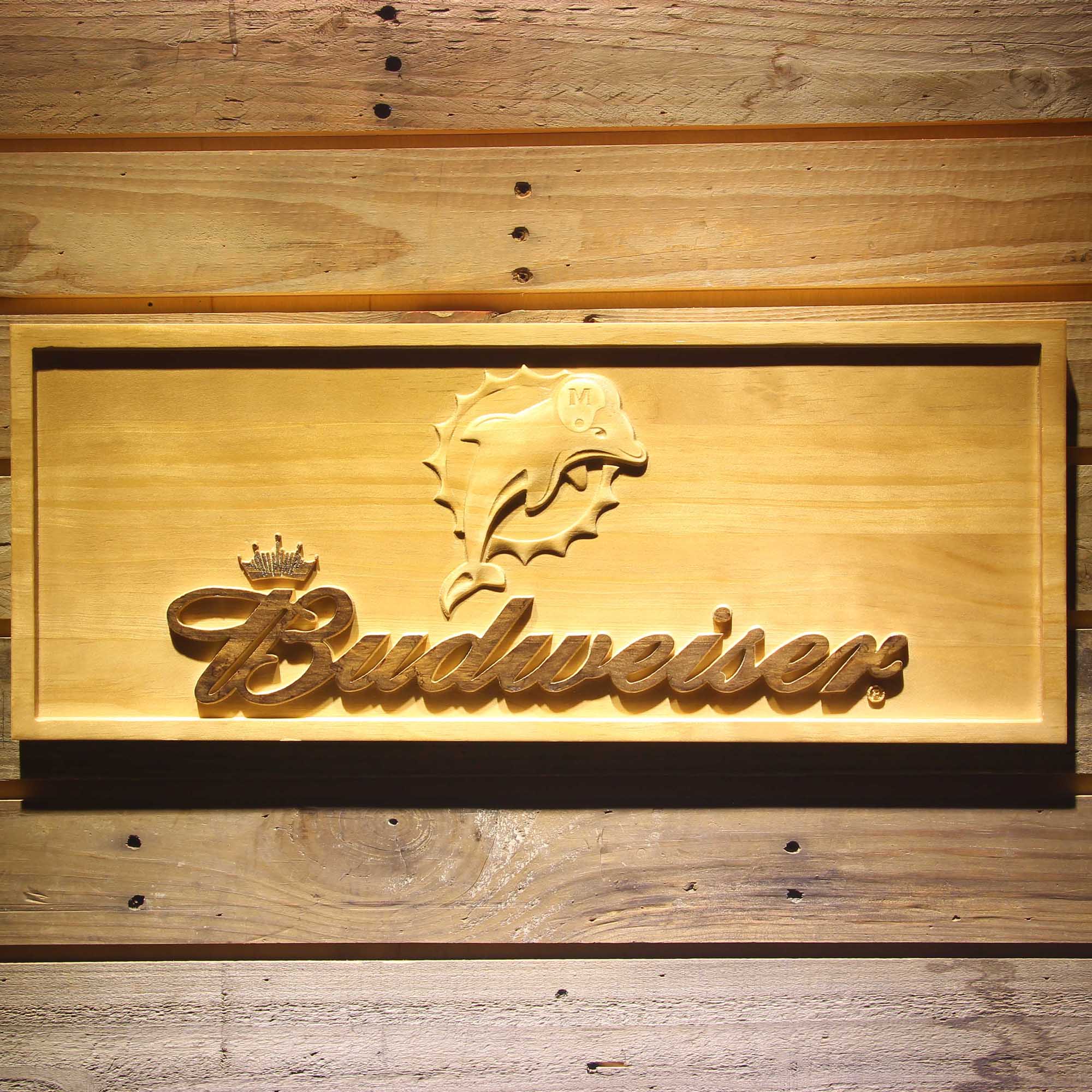Miami Dolphins Budweiser 3D Solid Wooden Craving Sign