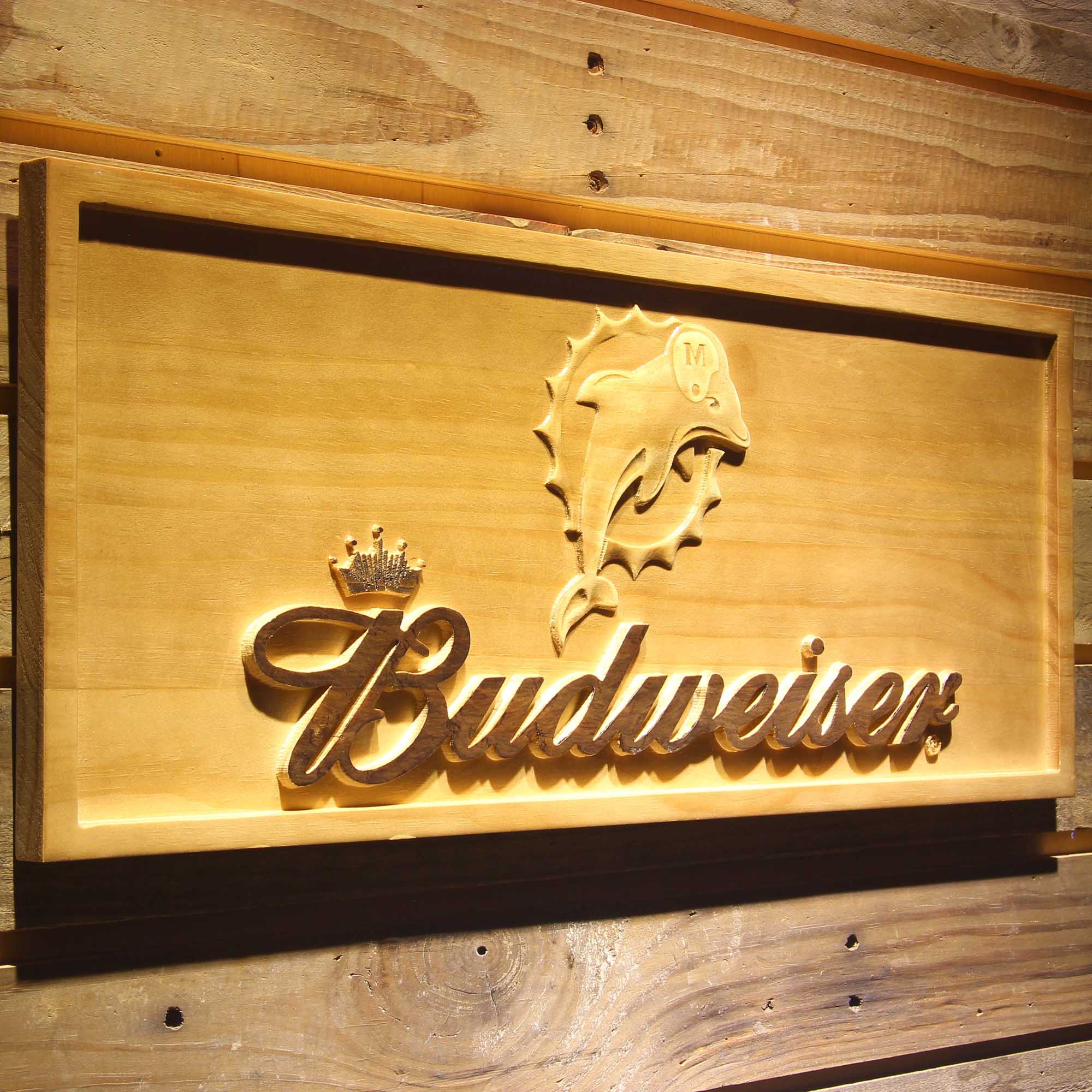 Miami Dolphins Budweiser 3D Solid Wooden Craving Sign