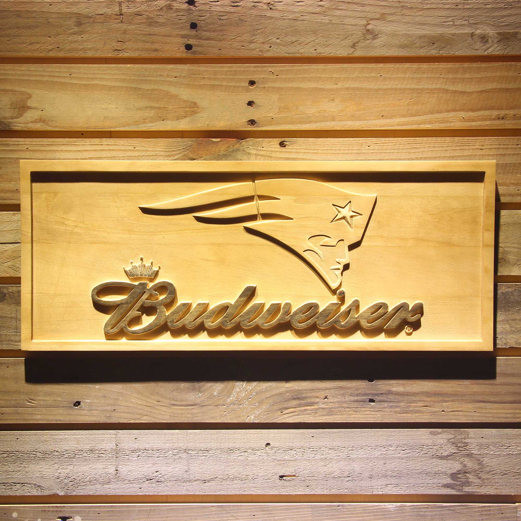 New England Patriots Budweiser 3D Solid Wooden Craving Sign