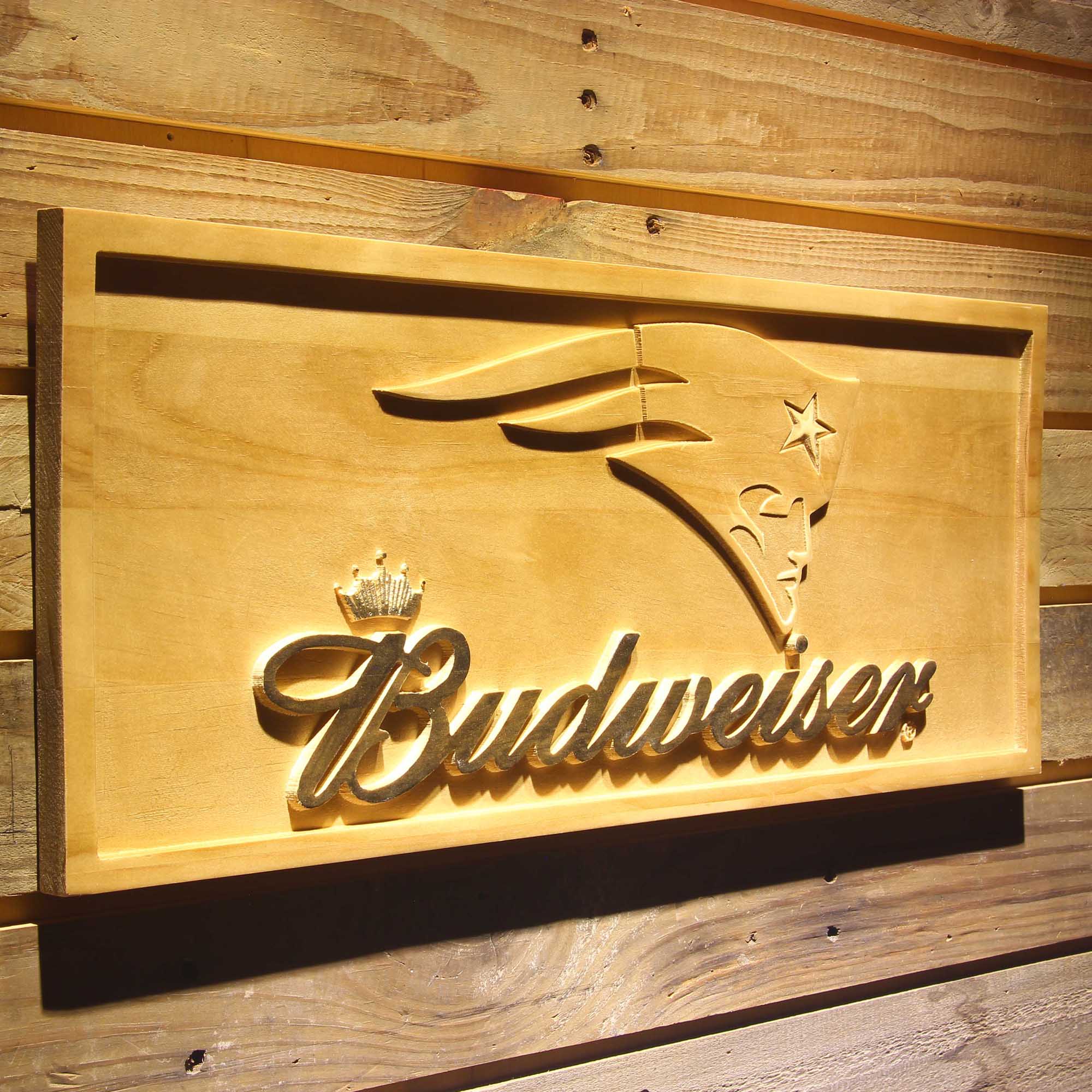 New England Patriots Budweiser 3D Solid Wooden Craving Sign