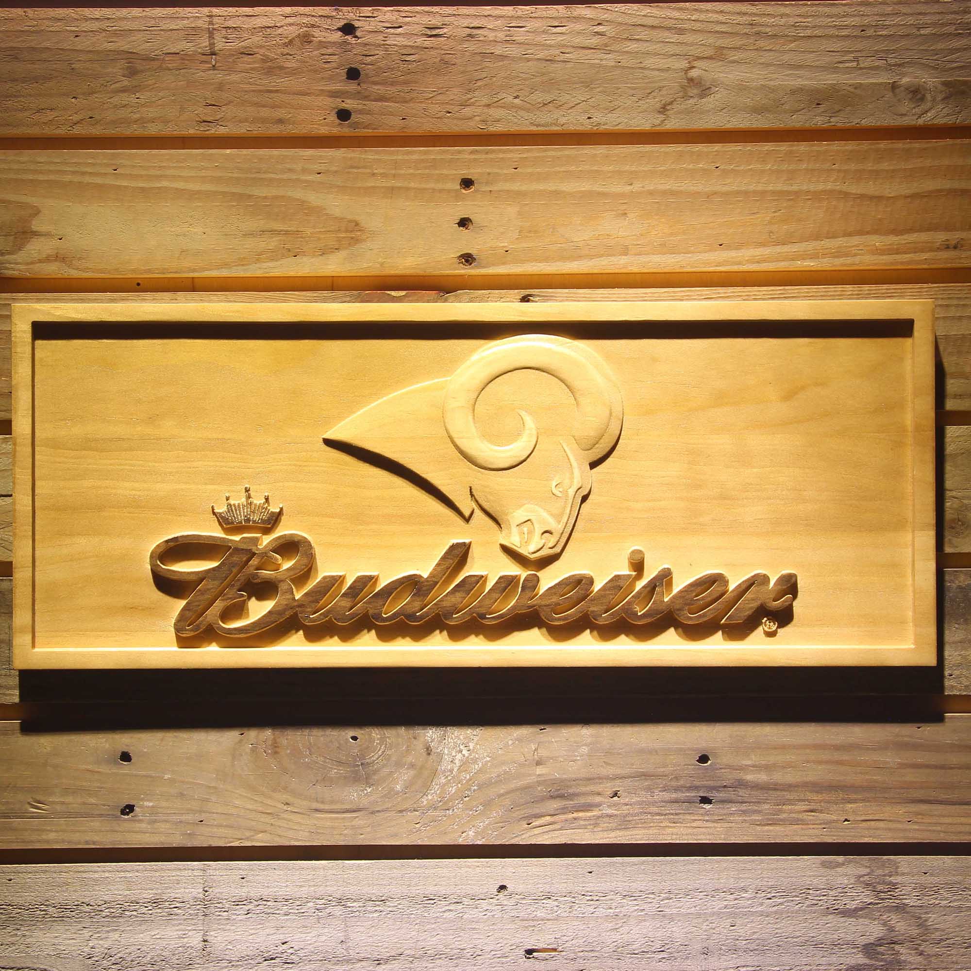 Los Angeles Rams Budweiser 3D Solid Wooden Craving Sign