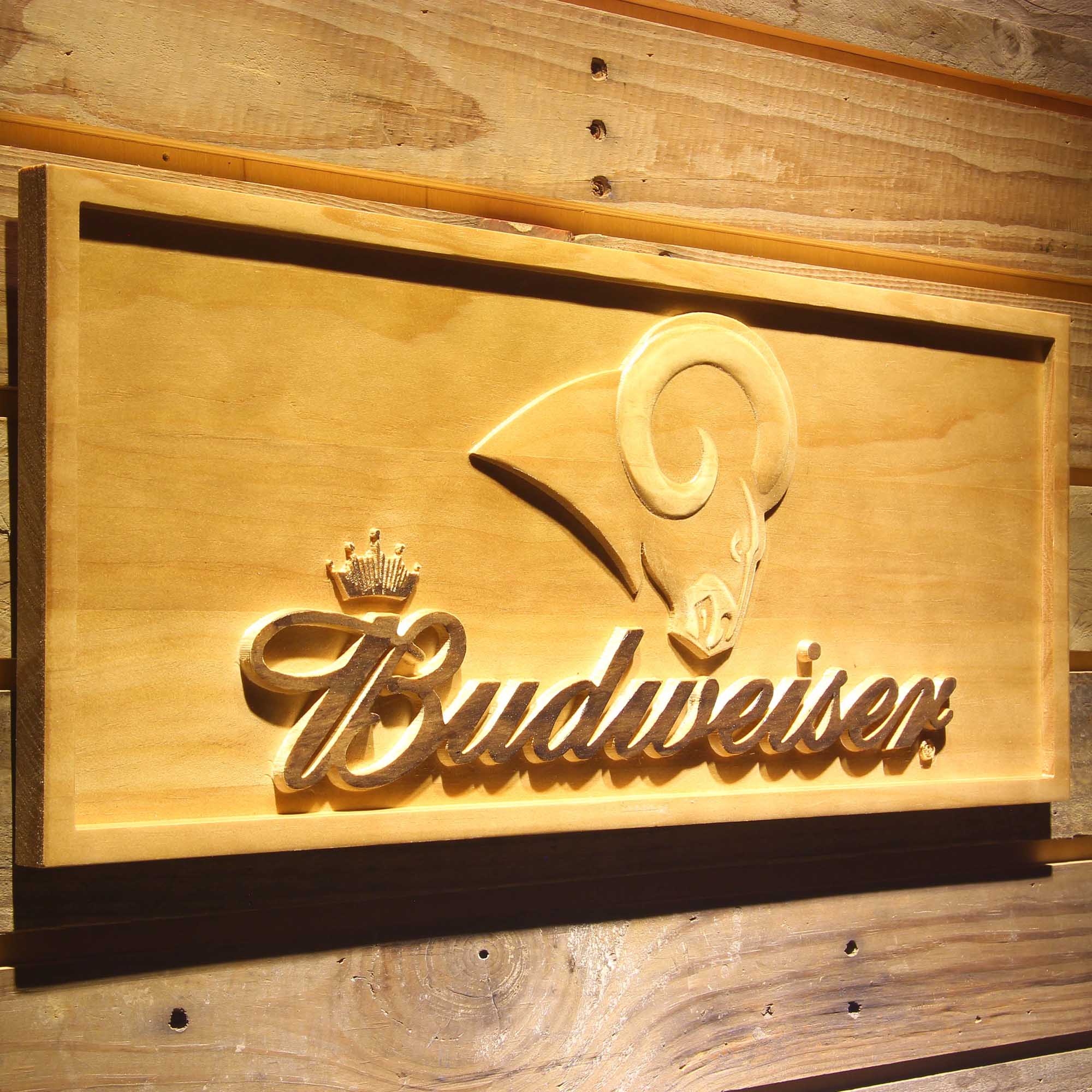 Los Angeles Rams Budweiser 3D Solid Wooden Craving Sign