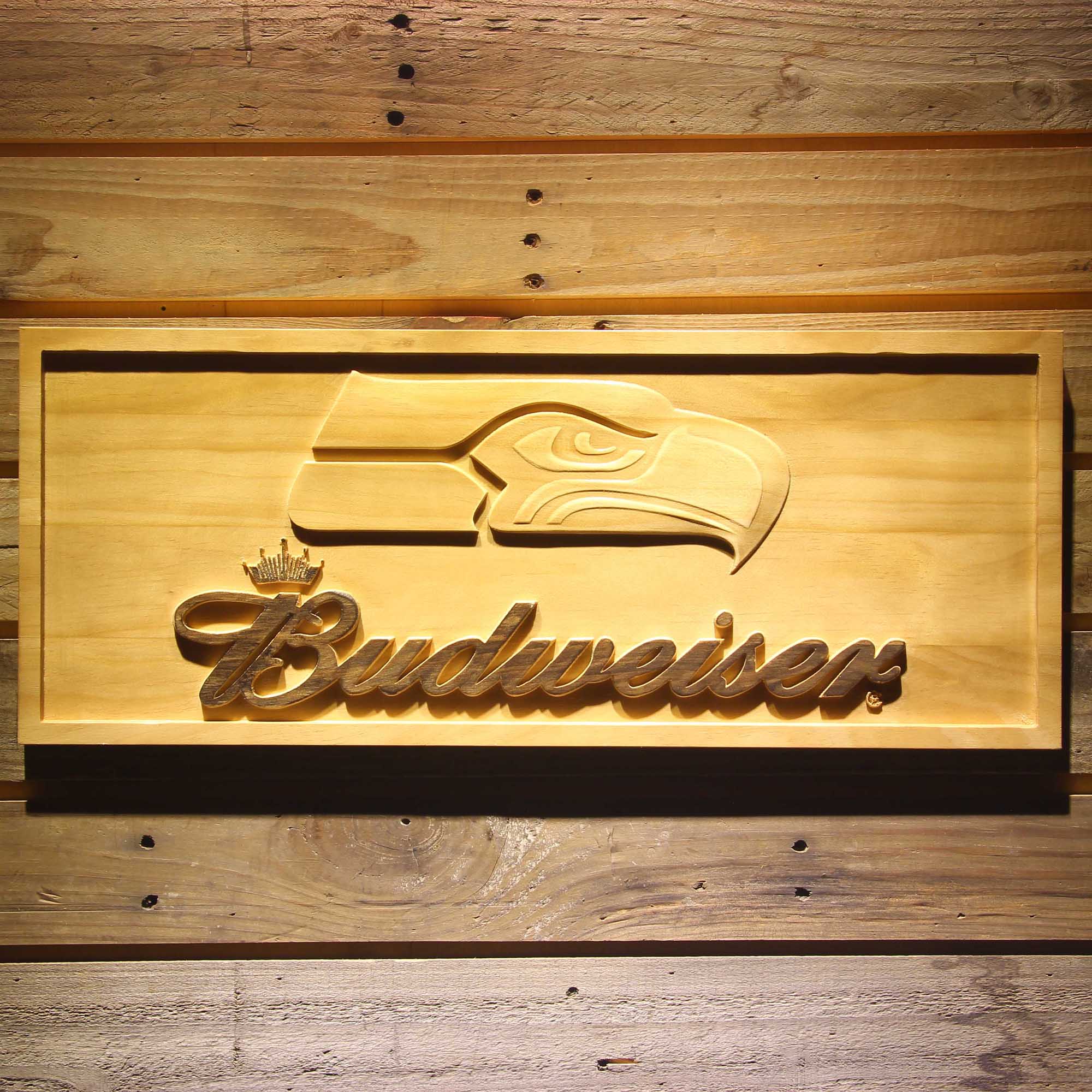 Seattle Seahawks Budweiser 3D Solid Wooden Craving Sign