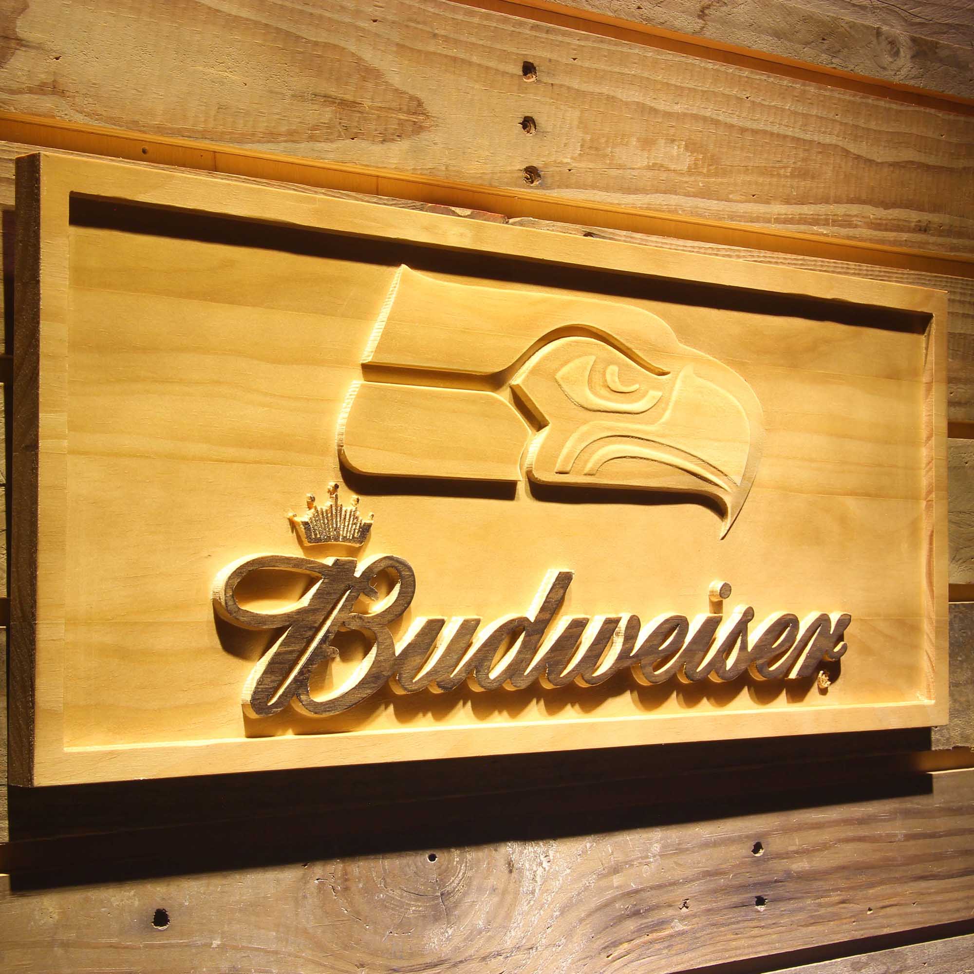Seattle Seahawks Budweiser 3D Solid Wooden Craving Sign