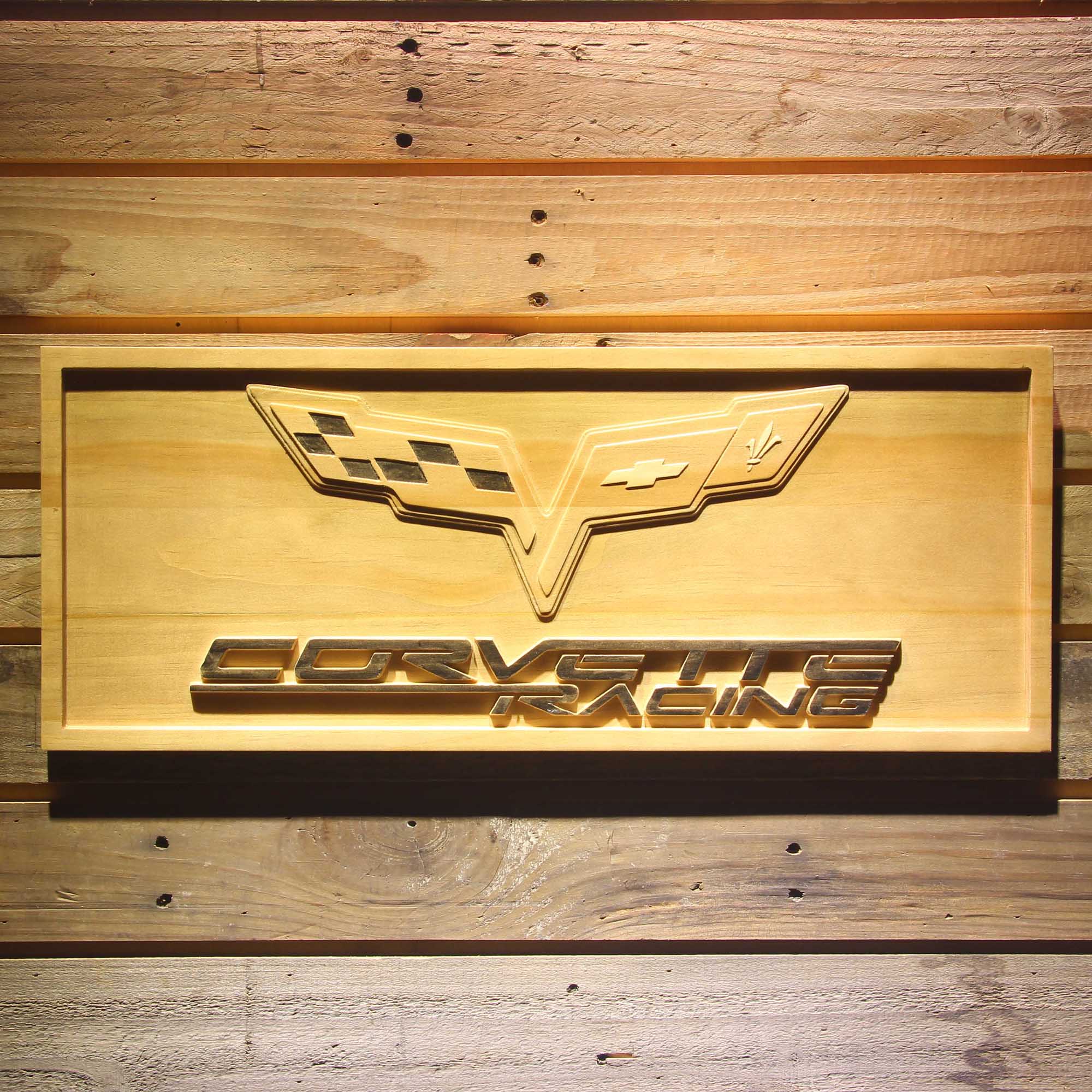 Corvette Racing 3D Solid Wooden Craving Sign