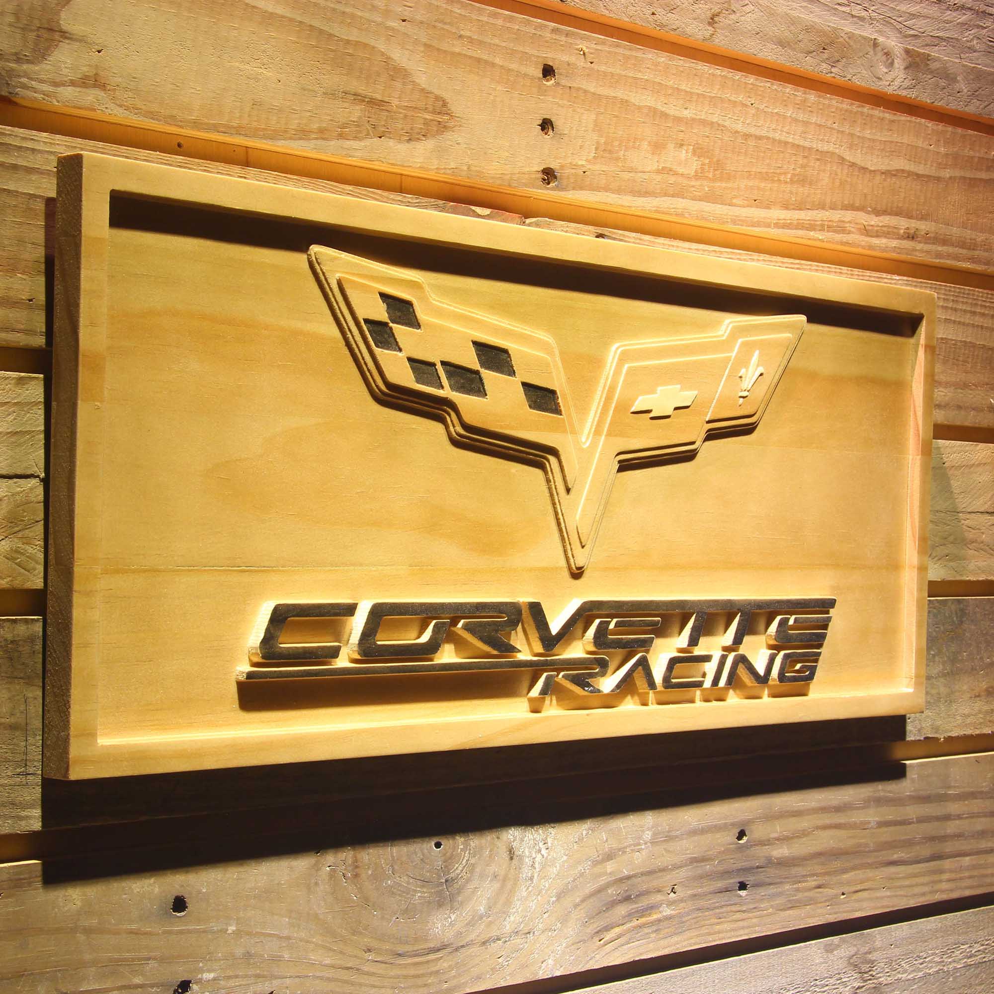 Corvette Racing 3D Solid Wooden Craving Sign